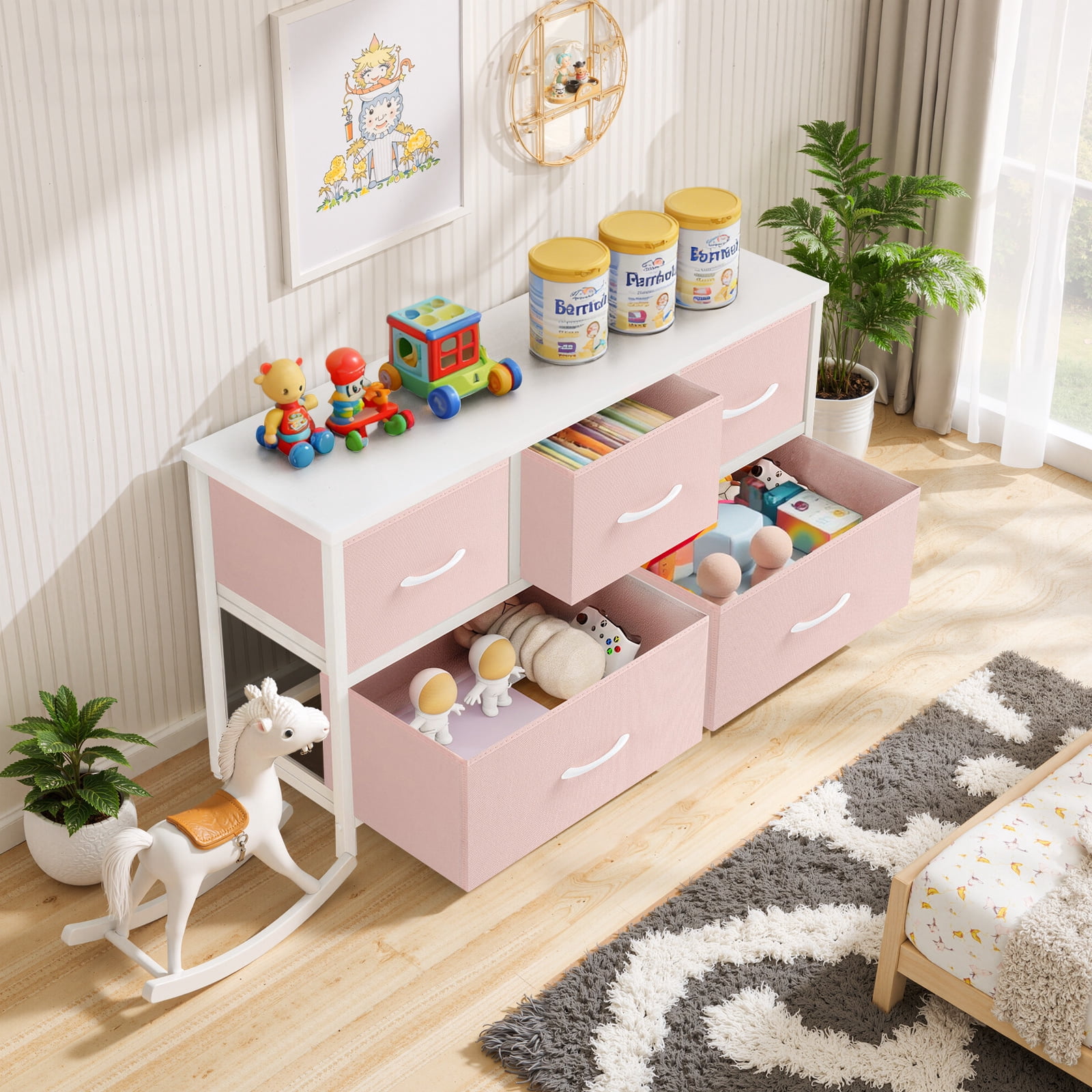 Dresser, Betcozy Storage Organizer with 5 Drawers for Bedroom, Chest of Drawers with Fabric Bins, Sturdy Metal Frame, Wood Tabletop, Pink