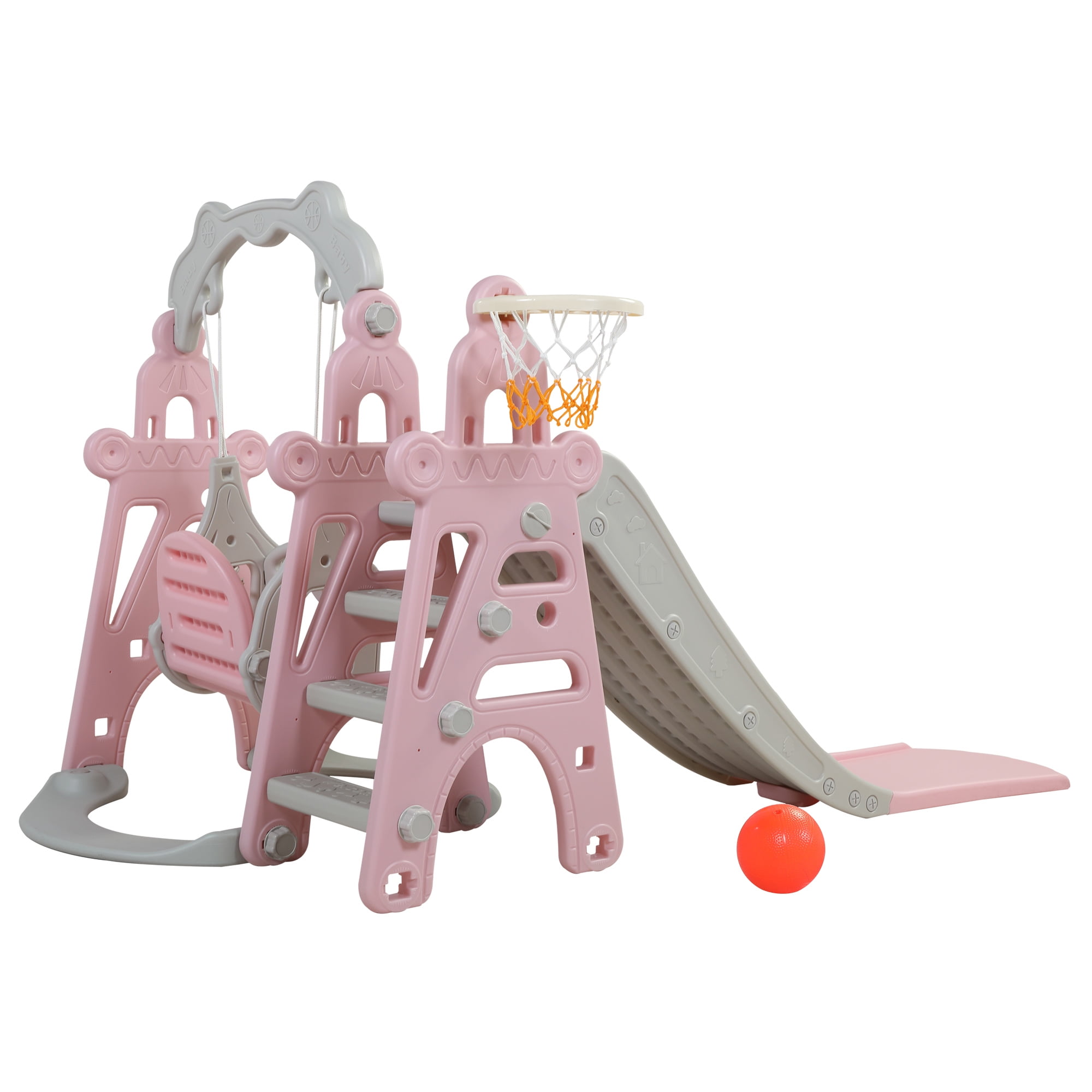 Hommoo Toy,Kids Swing and Slide Set, 3-in-1 Slide with Basketball Hoop, Pink+Gray