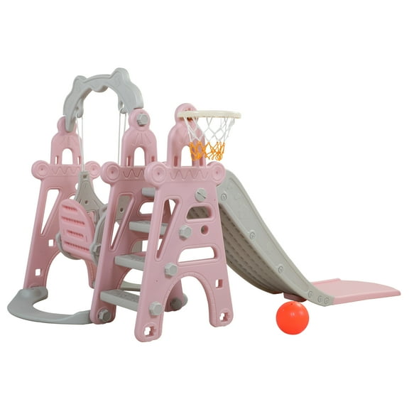 Kids Swing and Slide Set 3-in-1 Slide with Basketball Hoop for Indoor and Outdoor Activity Center, Pink Gray
