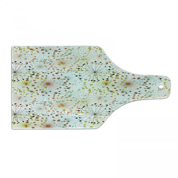 Abstract Cutting Board, Abstract Lines with Colorful Dots Curves Floral Inspirations in Absurd Art, Decorative Tempered Glass Cutting and Serving Board, Wine Bottle Shape, Multicolor, by Ambesonne