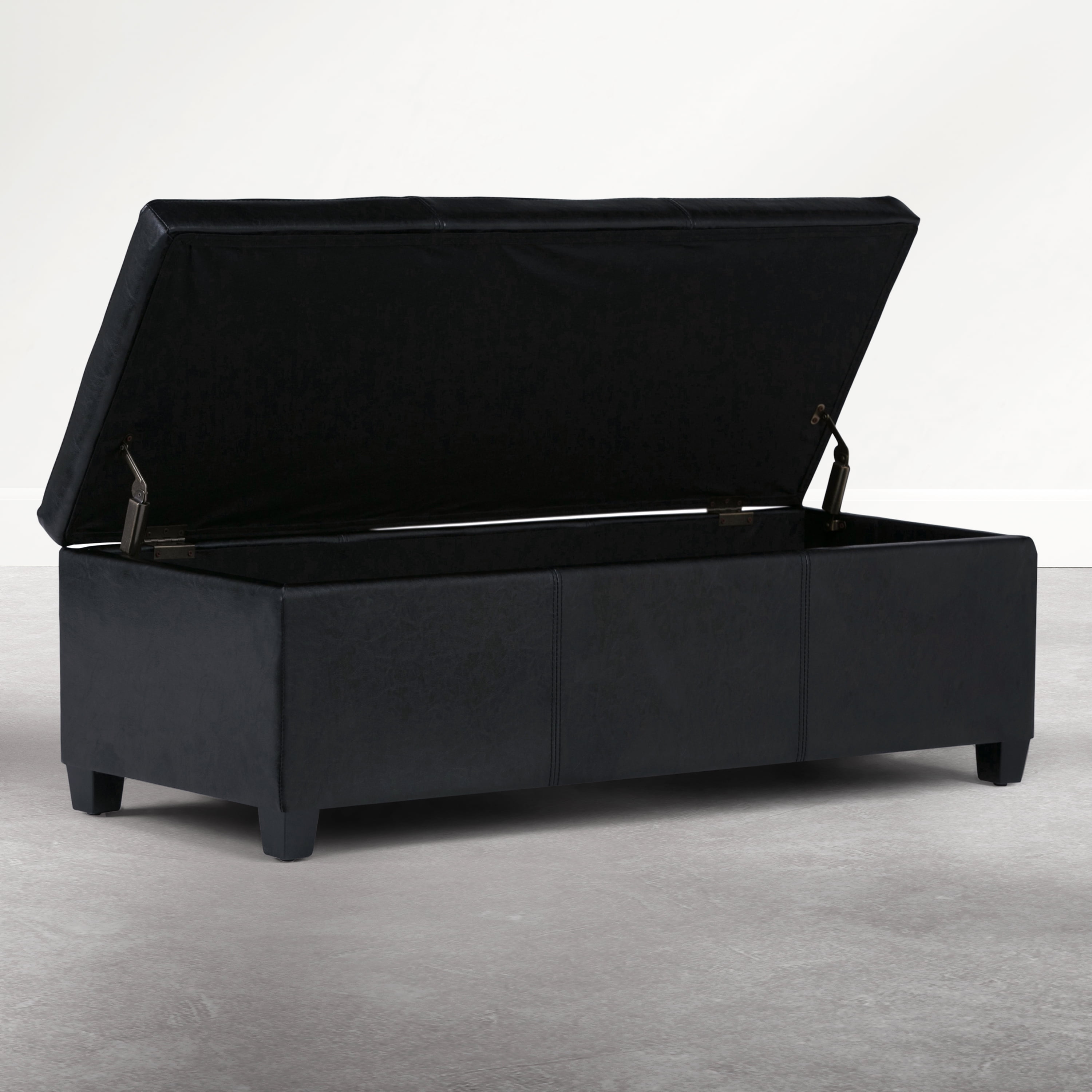 Simpli Home Avalon 48 inch Wide Solid Wood Rectangular Upholstered Storage Ottoman Bench, Carbon Black