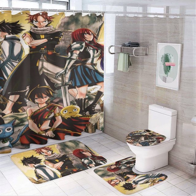 Fairy Tail - Juego de 4 cortinas de ducha con alfombrillas antideslizantes, tapa de inodoro y alfombrilla de baño, cortina de ducha impermeable con dibujos animados para niños con 12 ganchos,