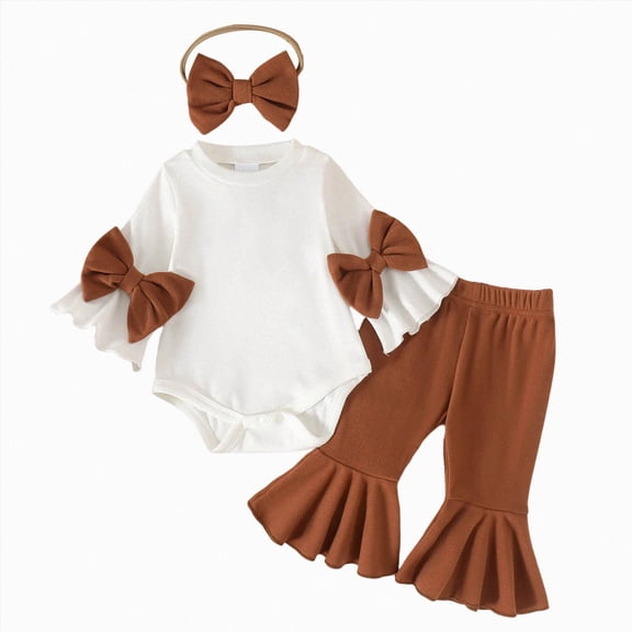 CAICJ98 Newborn Baby Girl Clothes Cute Bow Long Sleeve Romper Flare Pants Set with Headband Fall Winter Outfits,Size 6-9 Months