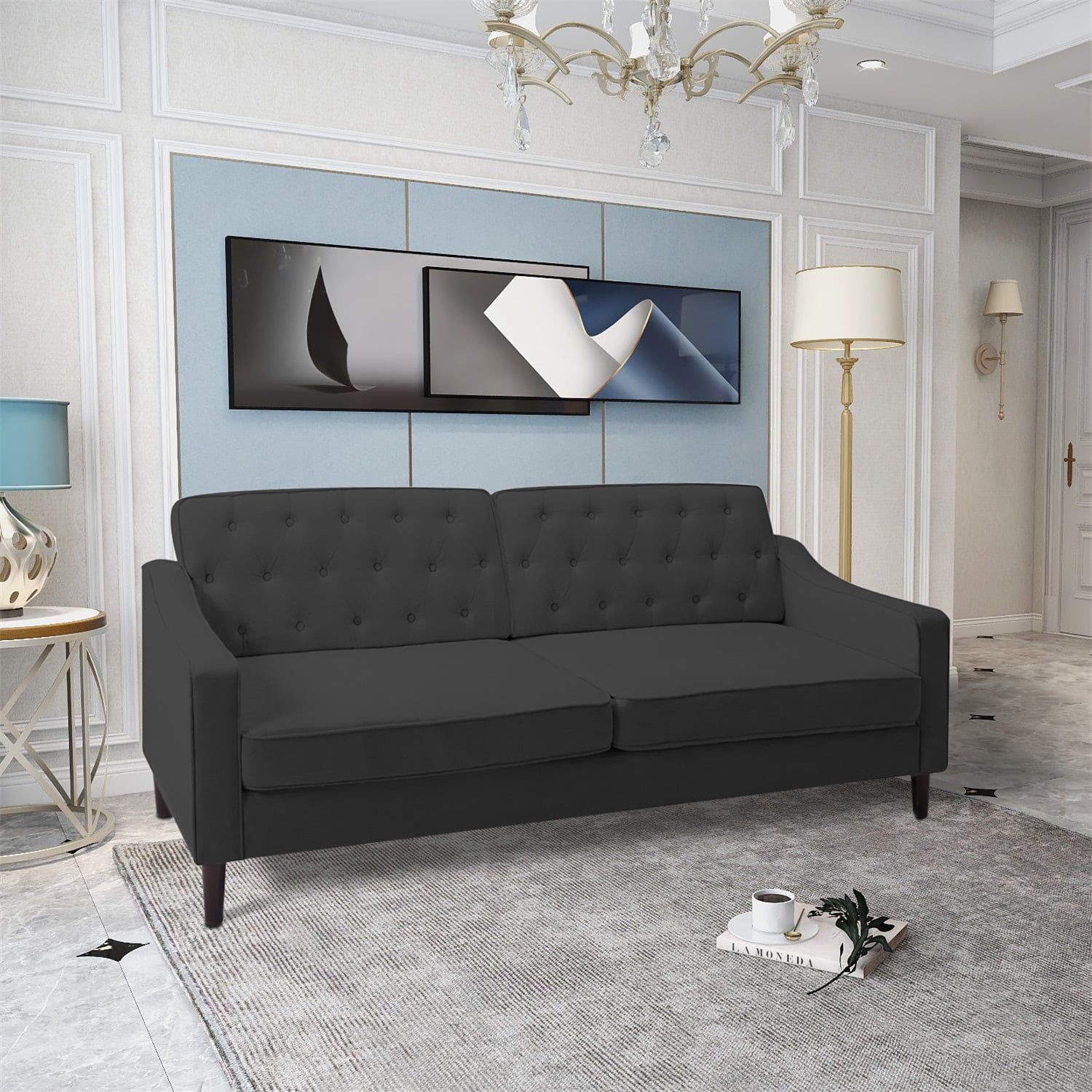 Kadyn 77.2" Fabric Sofa, Upholstered Lounge Couch with Square Arm, Modern Fabric Couch for Living Room, Navy Blue Kadyn 77.2" Fabric Sofa, Upholstered Lounge Couch with Square Arm, Modern Fabric Couch for Living Room, Navy Blue
