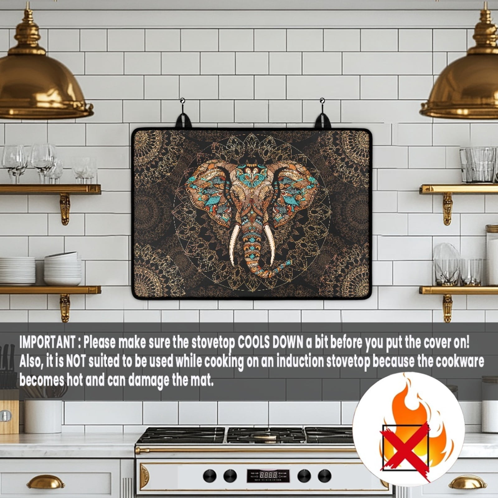 ZIATUBLE Flat Top Stove Cover Mat Versatile Stove Top Cover for Electric Stove Glass Ceramic Top Stove Cover Induction Cooktop Mat Kitchen Decor, 29 x 21 Inch, Bohemia Mandala Flower Elephant