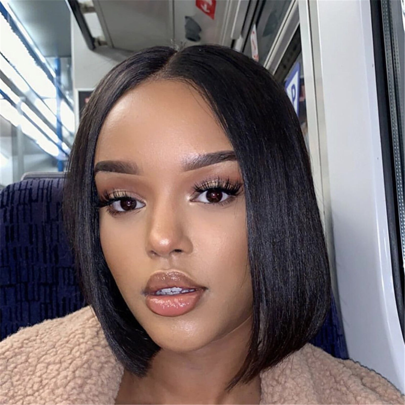 Amazon.com : Short BoB Light Yaki Straight with Bangs Human hair Wigs For  Black Women 13×4 Lace Front Wigs 150 Density Glueless Pre Plucked Bleached  Knots Natural Color With Baby Hair Brazilian