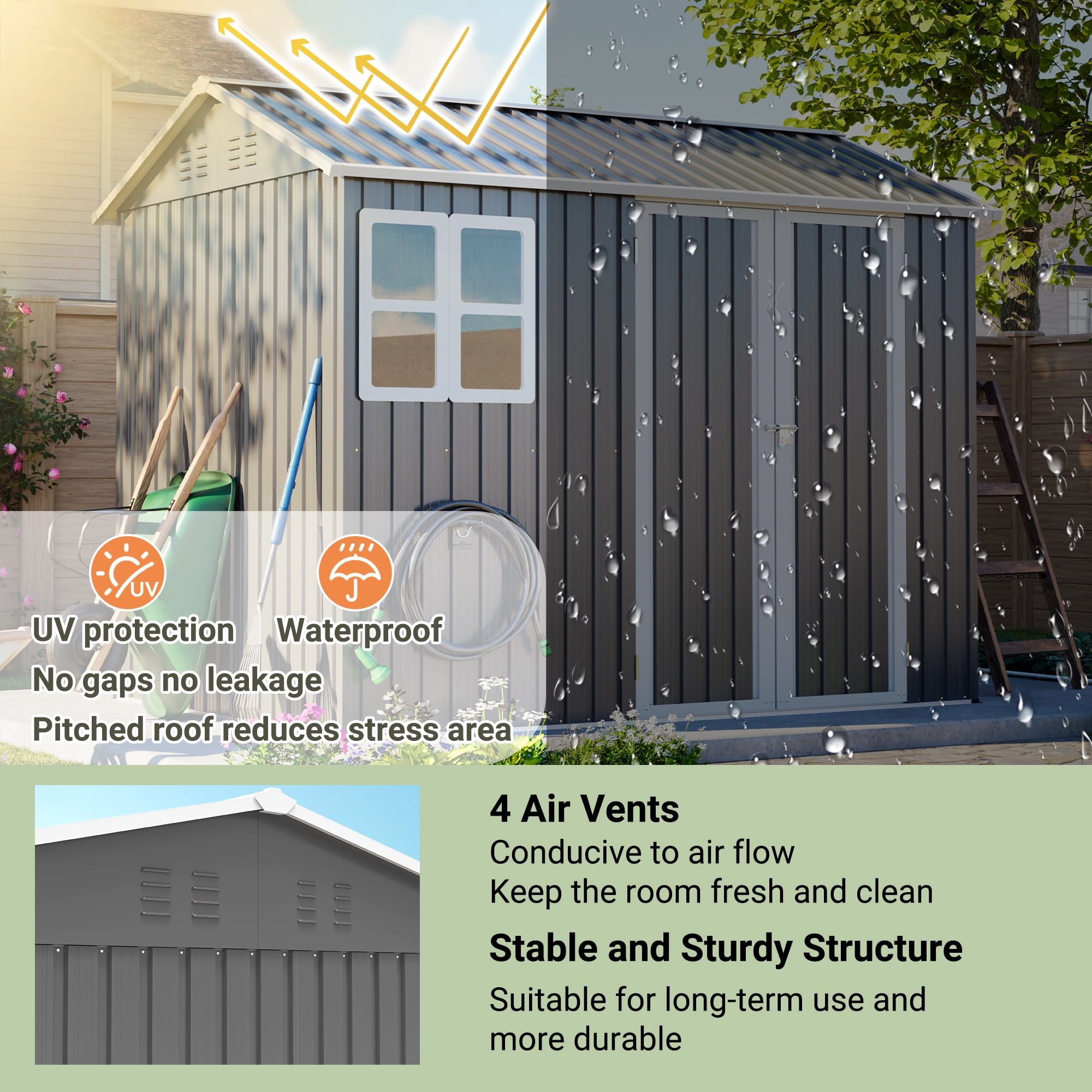 LZBEITEM 8' x 6' Outdoor Storage Shed with Window & Lockable Doors, Metal Garden Tool Shed with 4 Air Vents & Ground Nails, Waterproof Backyard Storage House for Patio Lawn, Gray