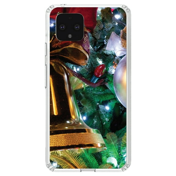 DistinctInk Clear Shockproof Hybrid Case for Google Pixel 4 XL (6.3" Screen) - TPU Bumper, Acrylic Back, Tempered Glass Screen Protector - Christmas Ornaments Bell - Christmas All Year