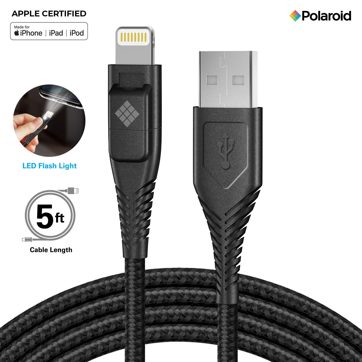 Polaroid MFi Certified 5 Ft Lightning Cable, Phone Charger Cable with