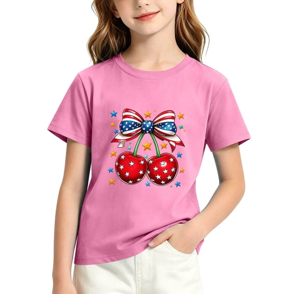 Kukoosong Kids Patriotic Print T-Shirt, Boys Girls American Flag Bow 4th of July Graphic Tee, Short Sleeve Casual Holiday Tops