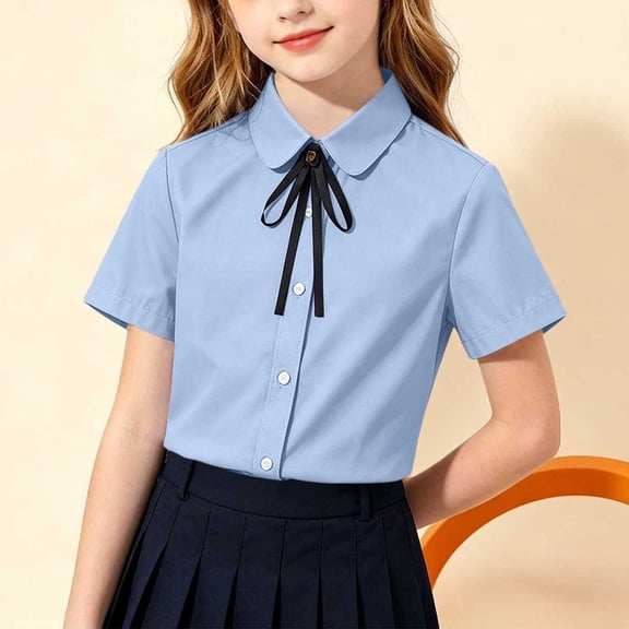 LJEFF Girls Short Sleeve School Blouse with Bow Tie, Button Solid Color Breathable Preppy Uniform Shirt for Kids Blue Size 6 Years