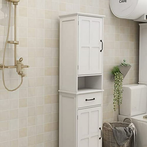 Tall Narrow Storage Cabinet, Bathroom Slim Floor Freestanding Cabinet with Two Doors for Bathroom and Living Room, White