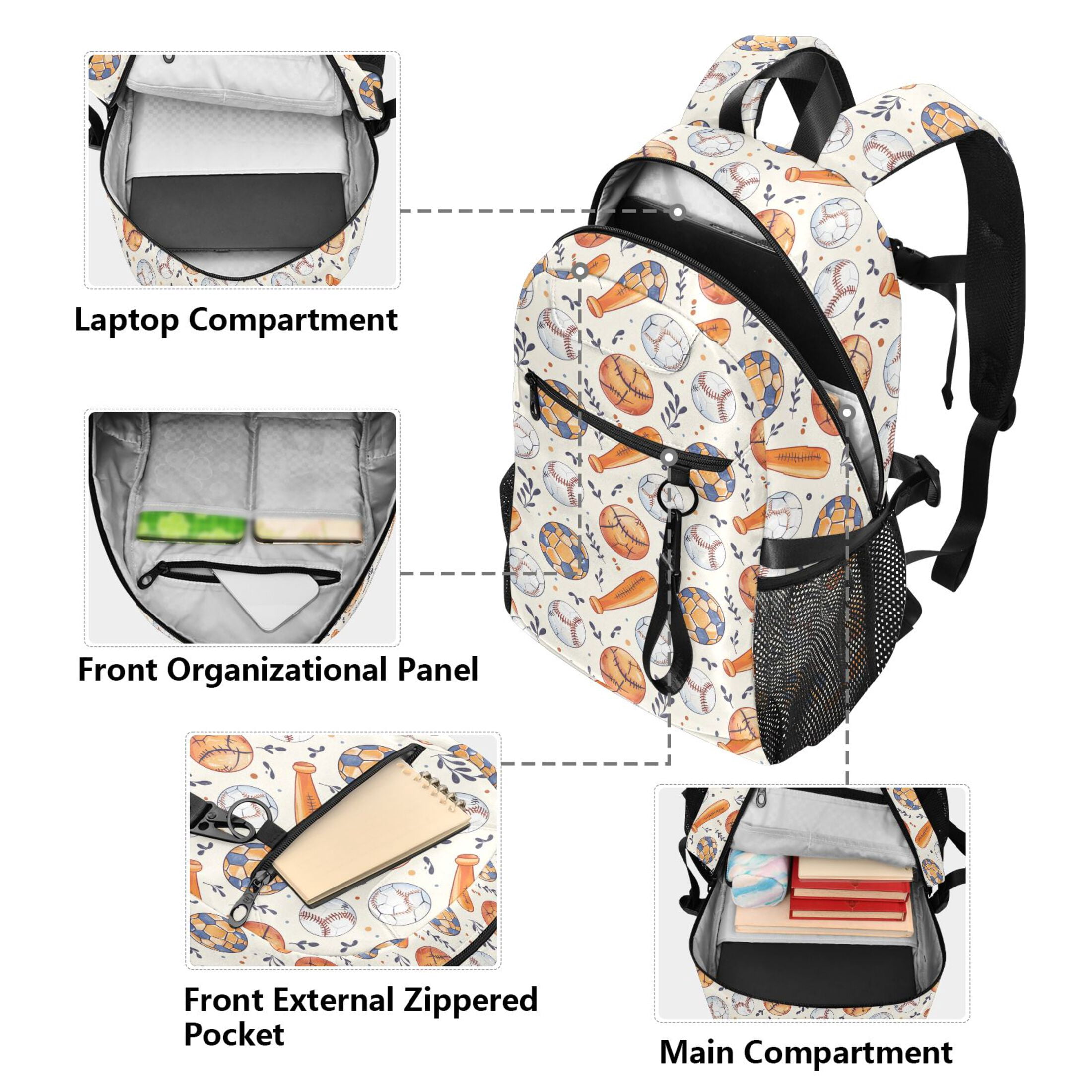 JIALIOU 14" Laptop Backpack Waterproof Airline Approved Stylish Casual Daypack for Travel Business College Work, Baseball Bats Soccer Basketball