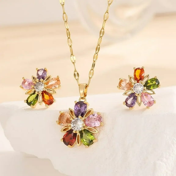 Vibrant Floral 18K Gold Plated Jewelry Set Colorful Flower Shape Pendant Necklace and Stud Earrings Set