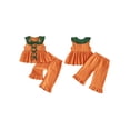 thumbnail image 2 of RUINIXCW Toddler Baby Girl Halloween Outfit Infant Baby Girls Summer Fall Clothes Pumpkin Embroidery Peter Pan Collar Babydoll Shirt Top and Flared Pants Set, 2 of 9