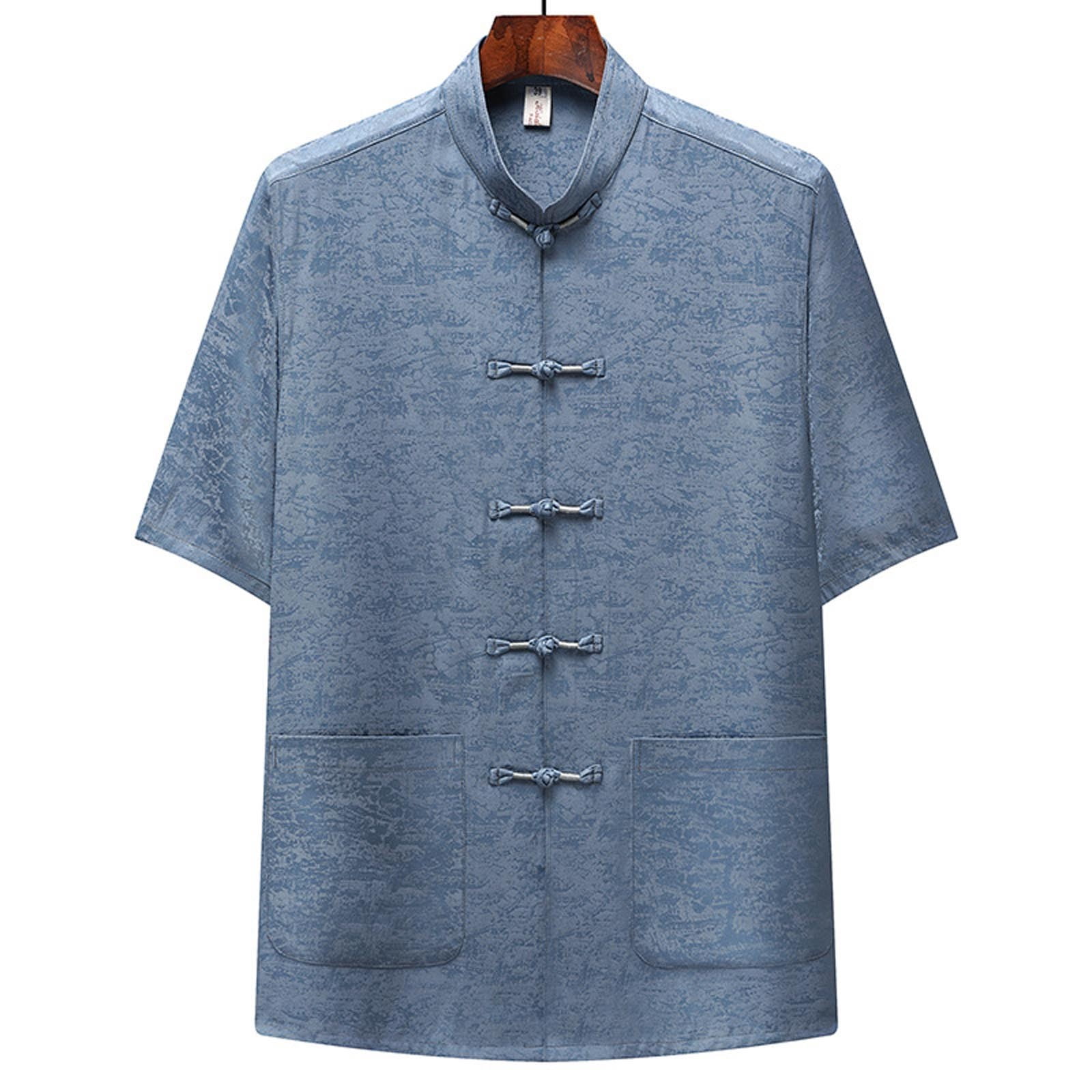 Mrmaere Men's Short Sleeve Chinese Style Shirt Frog Button Closure
