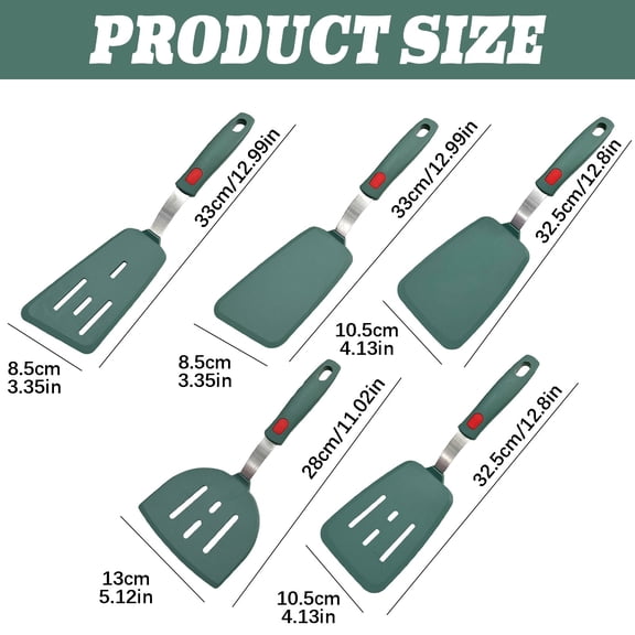 Flexible Silicone Turner Spatula, Heat Resistant Flat Pancake Spatula for Non-Stick Cookware Griddle Eggs Burgers, Dark Green Angled Slotted