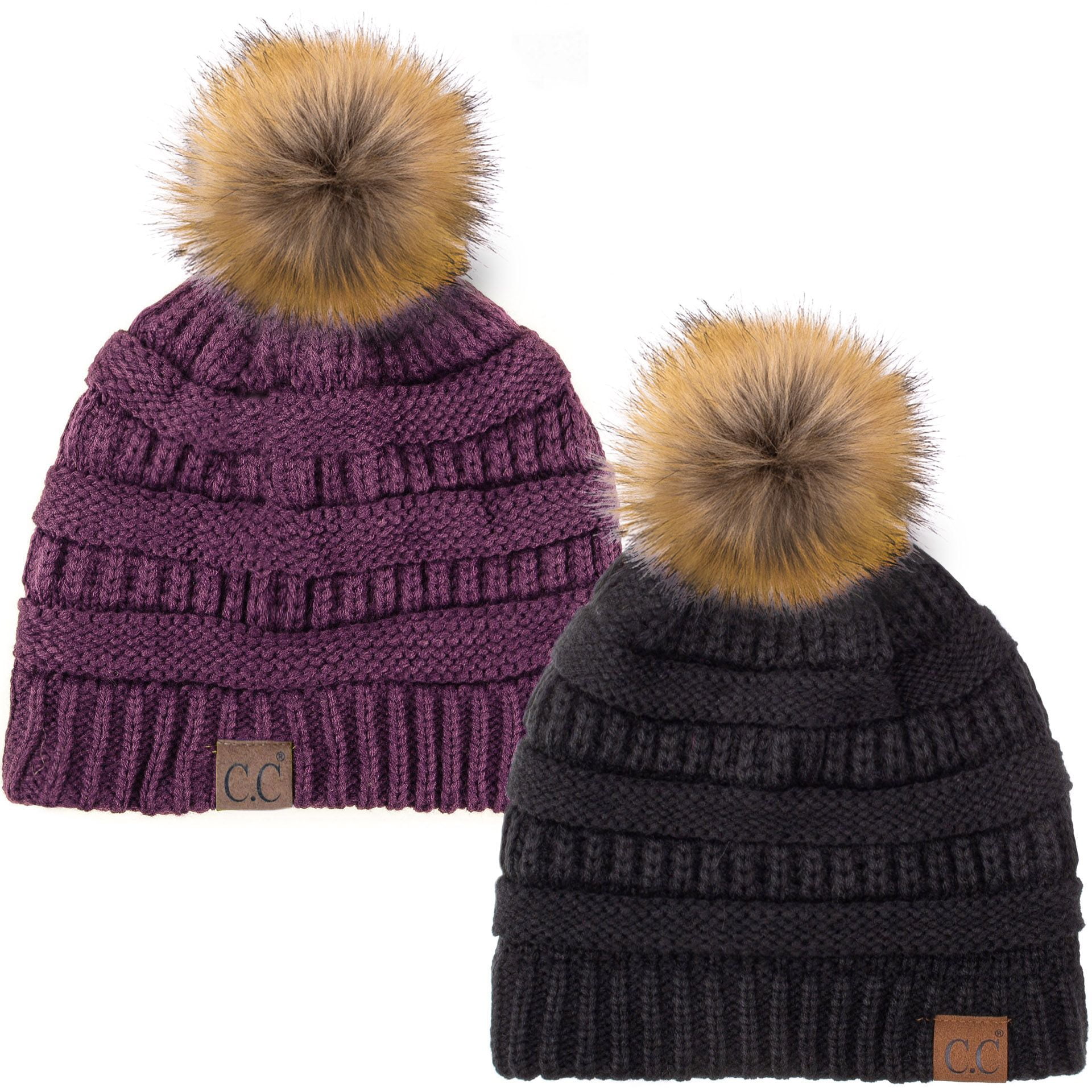 Faux Fur Pom Pom Cable Knit Beanie 