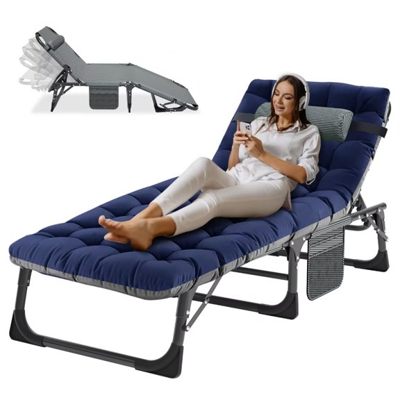 Docred Folding Sleeping Cot,Adjustable 4-Position Adults Reclining Chaise,Portable Folding Guest Bed with 2 Sided Mattress & Pillow