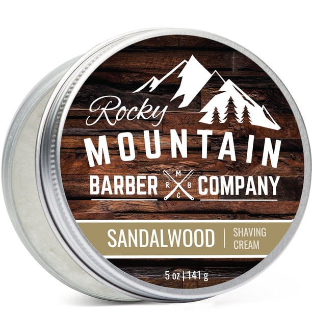 Crema de afeitar para hombres con aceite esencial de sándalo - Espuma espesa para afeitado tradicional y de cartucho - por Rocky Mountain Barber Company - Lata de 5 oz