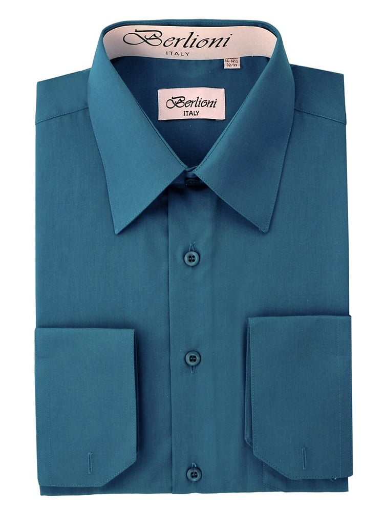 BERLIONI MEN'S CONVERTIBLE CUFF SOLID DRESS SHIRT-TEAL-4XL sleeve 36/37 ...