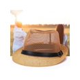 thumbnail image 2 of Mens Womens Beach Sun Straw Panama Fedora Summer Flat Brim Hat Big Brim Band Cap, 2 of 8