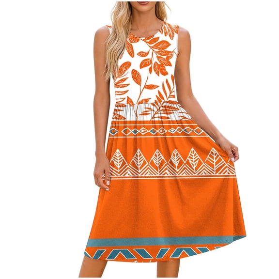 Alkepwun Casual Dresses for Women Floral Print Sleeveless Round Neck Waist-Defining Pleated Aline Maxi Tank Dress Summer Lightweight Breathable Loose Beach Sundress