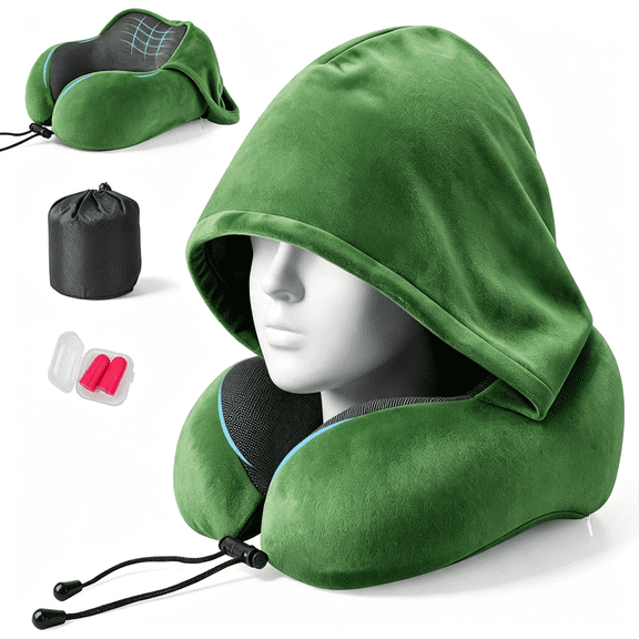 LQSEO Travel Neck Pillow with Hood for Privacy on Long Flights | Memory Foam | Airplane Sleep | Safety-Tested Materials | Extra Large Hood | Chin Support | Earplugs | Washable Cover