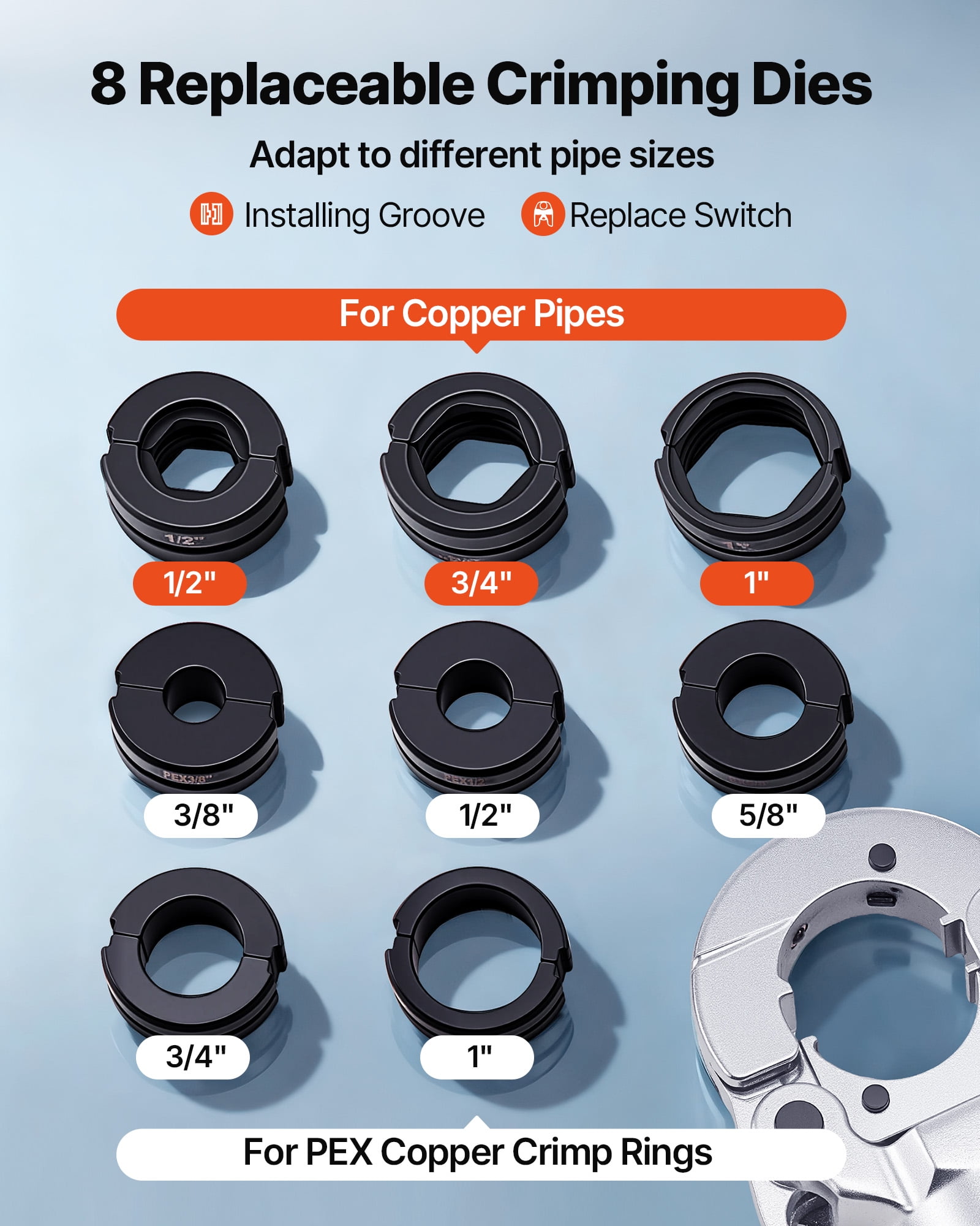 VEVOR Copper Pipe Crimping Tool, Hydraulic Driven Pro Press Tool with 1/2", 3/4", 1" Jaws for Copper Tube & 3/8", 1/2", 5/8", 3/4", 1" Jaws for ASTM F1807 PEX Pipe Copper Ring - with Carrying Case