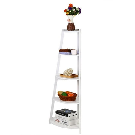 - Wooden White Modern 5-Tier Corner Ladder Shelf Bookshelf Storage Organizer Display Rack Stand,Corner Ladder Shelf, Ladder Display Rack
