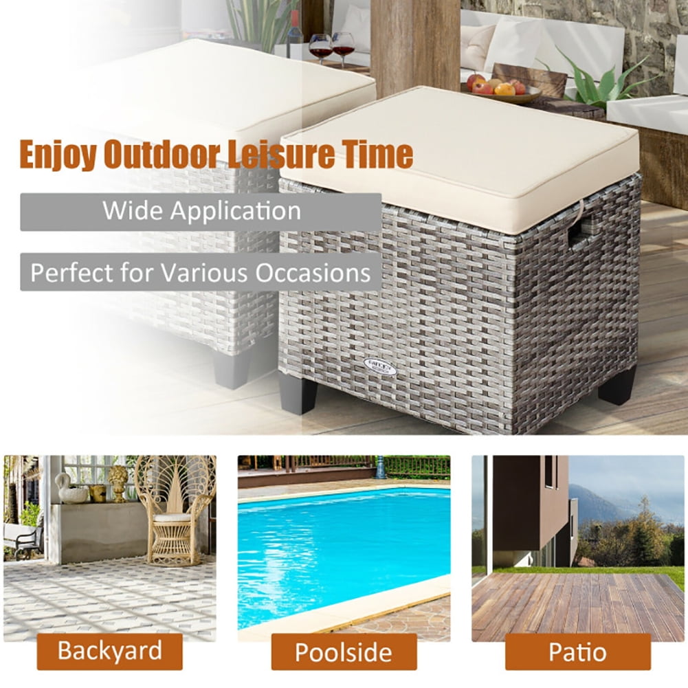 Aimee Lii 2 Pieces Patio Rattan Ottoman Seat with Removable Cushions, Outdoor Patio Furniture Set, Beige