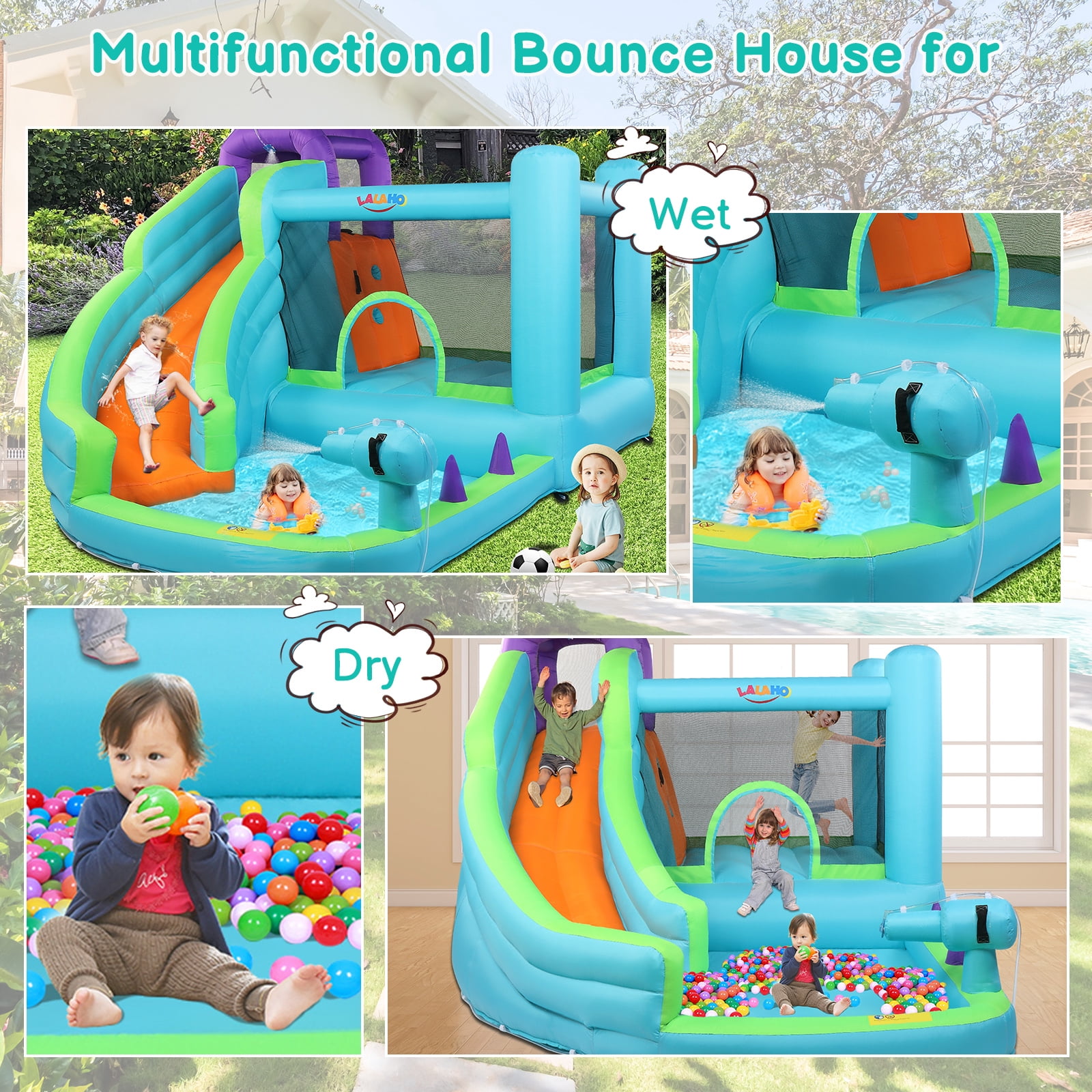 GoDecor Bounce House, Inflatable Water Slide Bounce Castle with Blower for Kids, Outdoor/Indoor Bouncy House Water Park for Backyard with Splash Slide, Climbing Wall, Ball Pit, Jumping Area