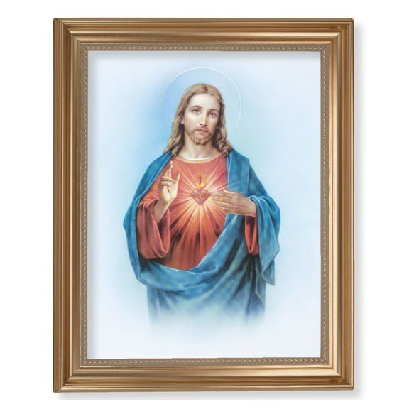 Sacred Heart of Jesus Picture Framed Wall Art Decor Extra Large, Classic Gold-Leaf Fluted Frame with Beaded Lip