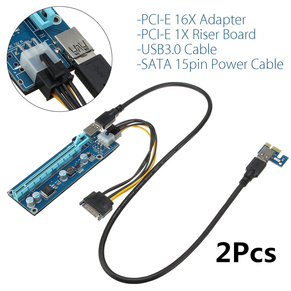 Cables PCI-E Express 1x to 16x 6PIN Mining Extender Riser Card Adapter with USB 3.0 Cable 2018 Cables Cable Length: 0.6m, Color: Black 