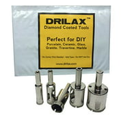 DRILAX 5 Pcs Diamond Drill Bit Set 3/8 inch , 1/2 inch (0.5 In), 5/8 inch , 3/4 inch , 1 inch Wet Use for Tiles, Glass, Fish Tanks, Marble, Granite, Ceramic, Porcelain, Bottles, Quartz