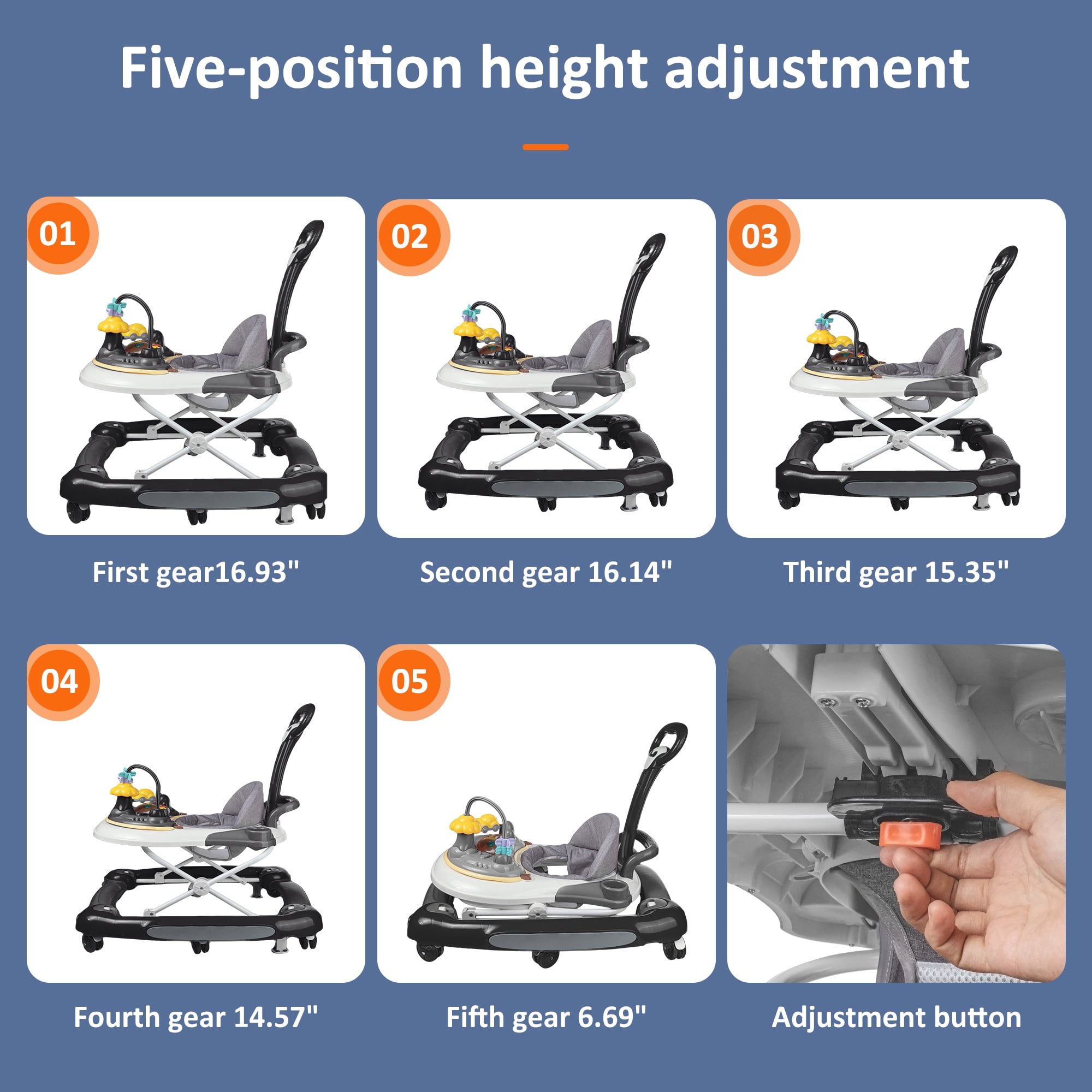 HAOUUCYIN 4-in-1 Baby Walker, Music Activity Push Walker with Wheel, Foldable and Height Adjustable, Black