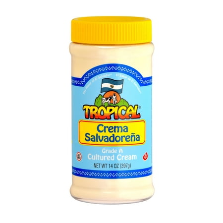 Tropical Crema Salvadorena Salvadoran Style Mild Sour Cream, Grade A Cultured, 14oz Resealable Jar, Contains Milk