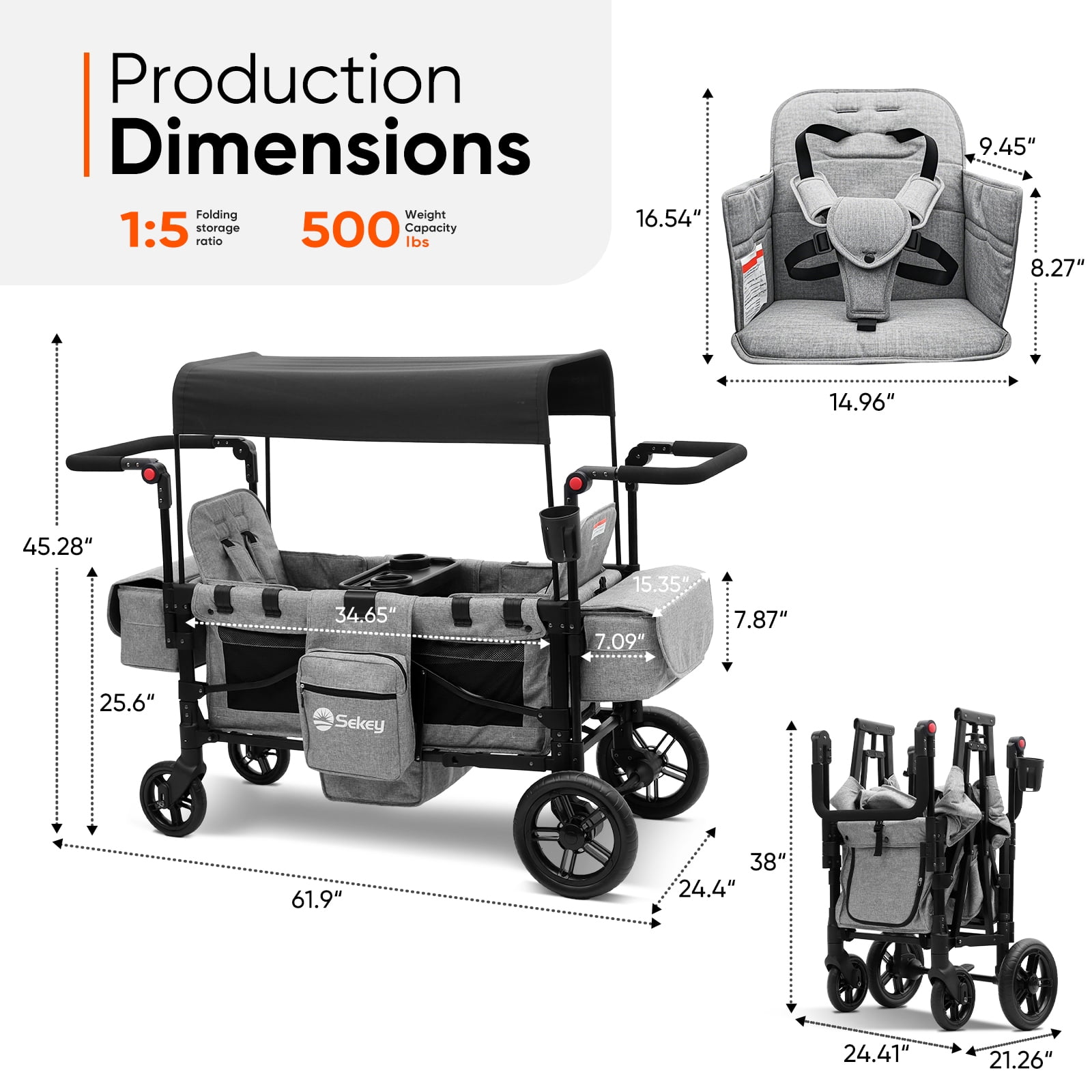 Sekey 4-in-1 Wagon Cart with Removable Canopy, Heavy-Duty Folding Utility Cart with Wheels & Table – Gray