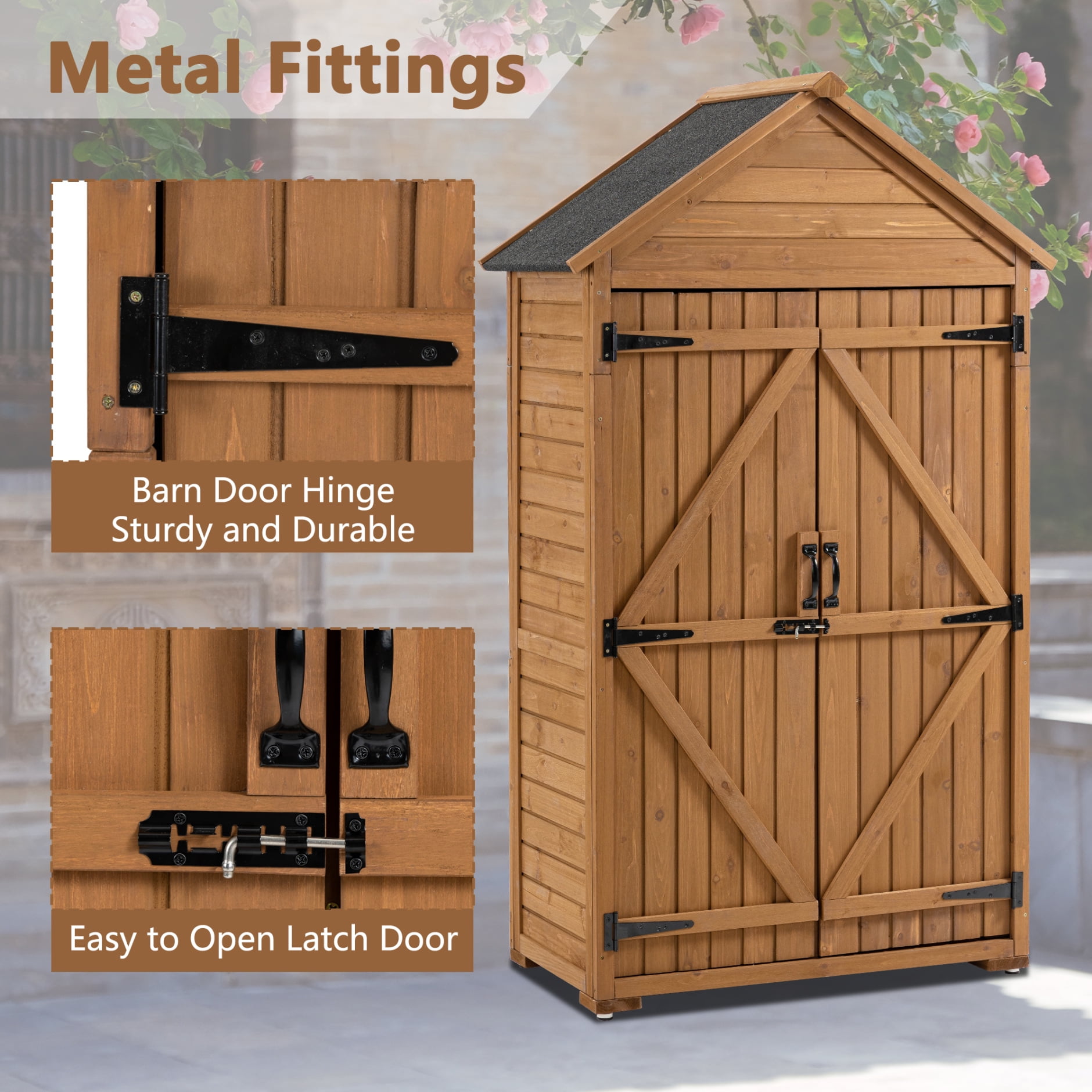 Durable Outdoor Storage Cabinet & Garden Tool Shed with Waterproof Roof, 6 Adjustable Stainless Steel Feet & Fir Wood Shelves for Large Tools, 39.56x22.04x68.89 Inches - Compact Patio/Garage Storage