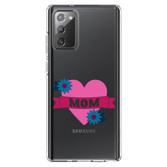 DistinctInk Clear Shockproof Hybrid Case for Samsung Galaxy Note 20 (6.7" Screen) - TPU Bumper Acrylic Back Tempered Glass Screen Protector - Love Mom - Flower Heart Banner
