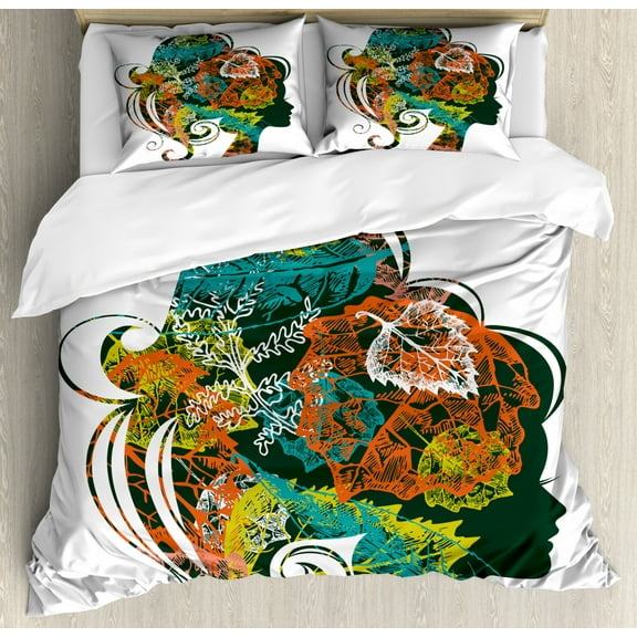Feminine Duvet Cover Set King Size, Beautiful Woman Silhouette Side Portrait with Autumn Leaves on Her Hair as Bun, Decorative 3 Piece Bedding Set with 2 Pillow Shams, Multicolor, by Ambesonne