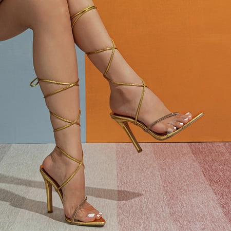 

Women‘s Rhinestone Decor Stiletto Sandals Open Toe Pointed Toe Ankle Strappy High Heels Women‘s Solid Color Shoes