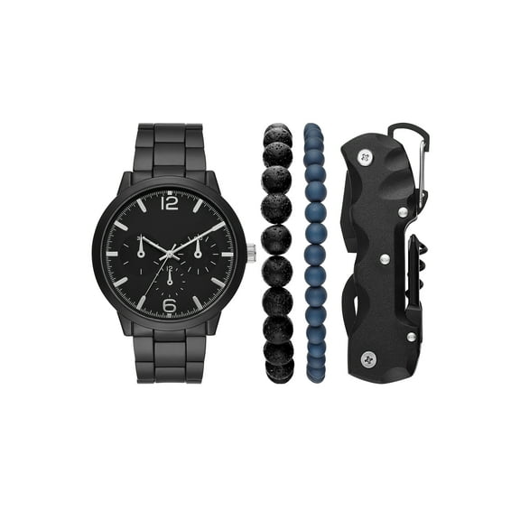 Folio Men's Matte Black Round Analog Bracelet Watch, Layered Bracelets and Black Multi-tool Gift Set (FMDAL1152)