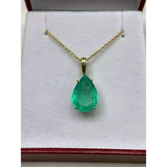 3Ct Pear Cut Natural Green Emerald Women's Pretty Pendant Free Chain in 14K Yellow Gold Plated
