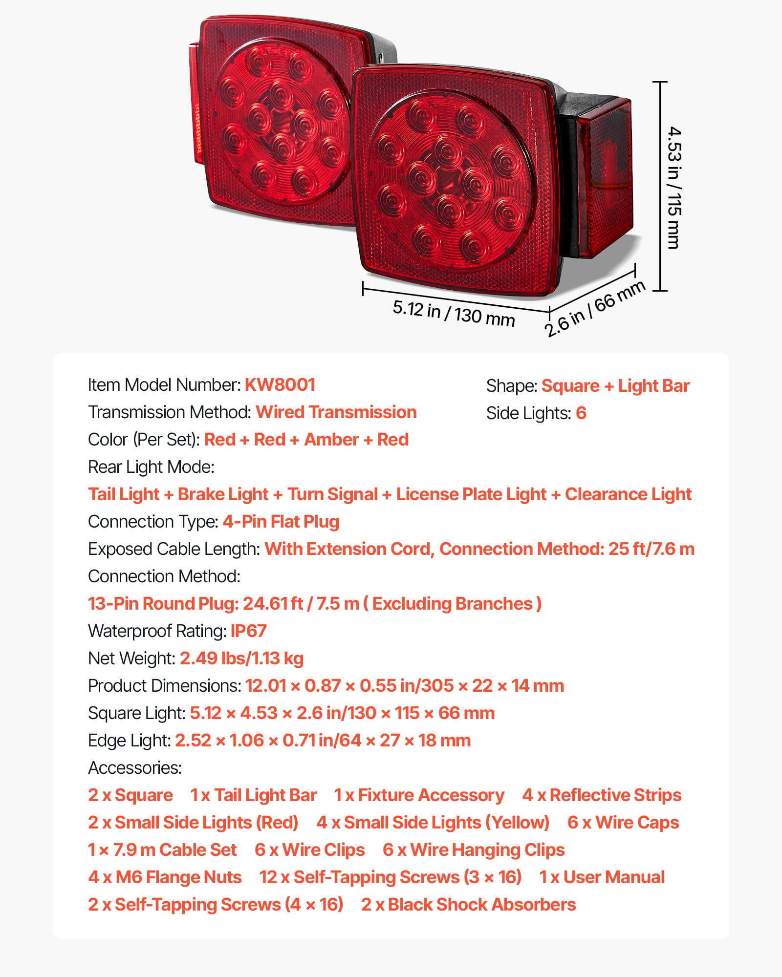 VEVOR Trailer Lights, 12V LED Trailer Tail Lights Kit with Stop Brake Turn Tail License Plate Clearance Lamp, Waterproof Tow Lighting Kit with Wiring Harness for Boat Truck Camper RV Snowmobile Bus