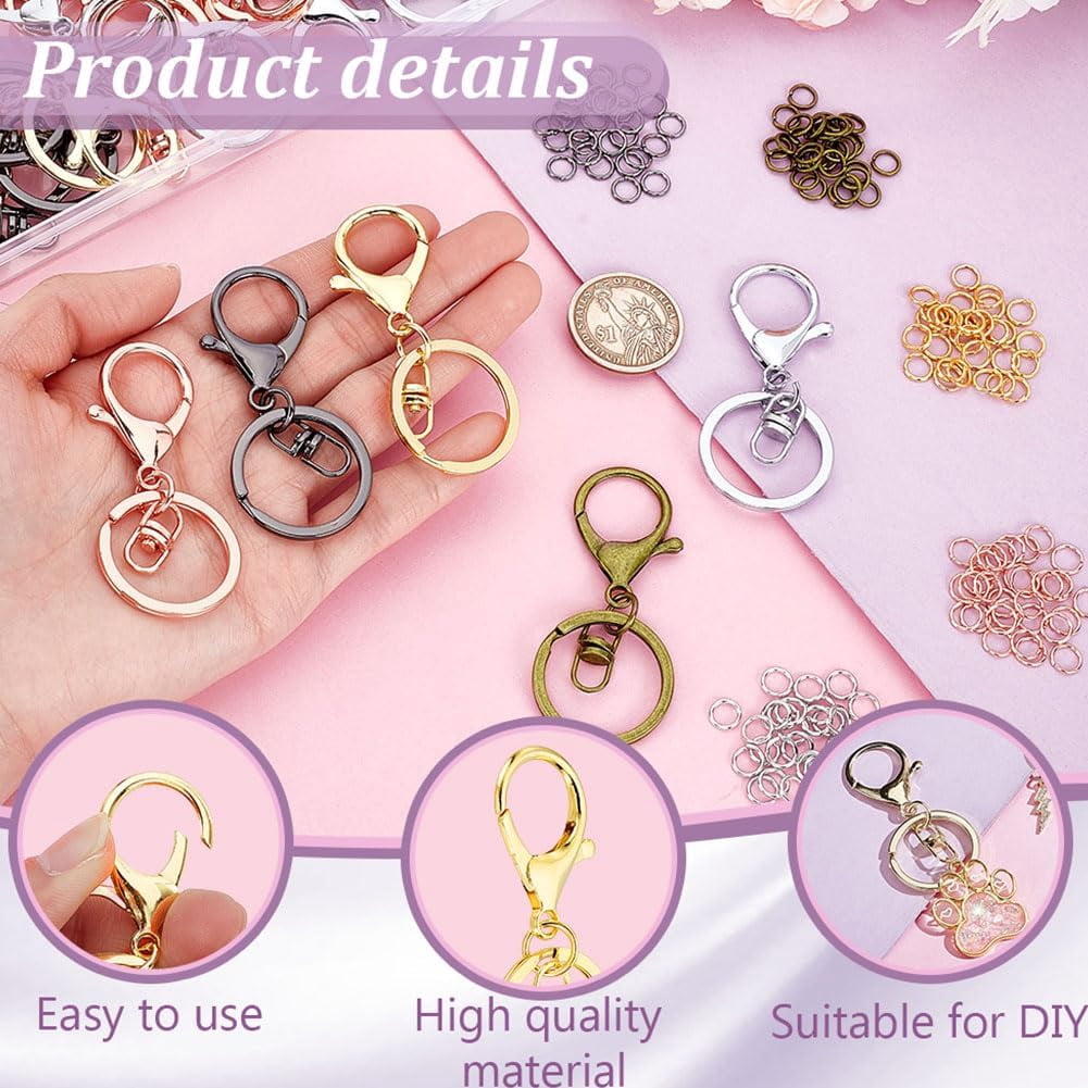 5 Color 40pcs Iron Lobster Claw Clasp Keychain with 150pcs Brass Jump Rings Swivel Clasps Hook Connector Accessories Key Ring Loop Key