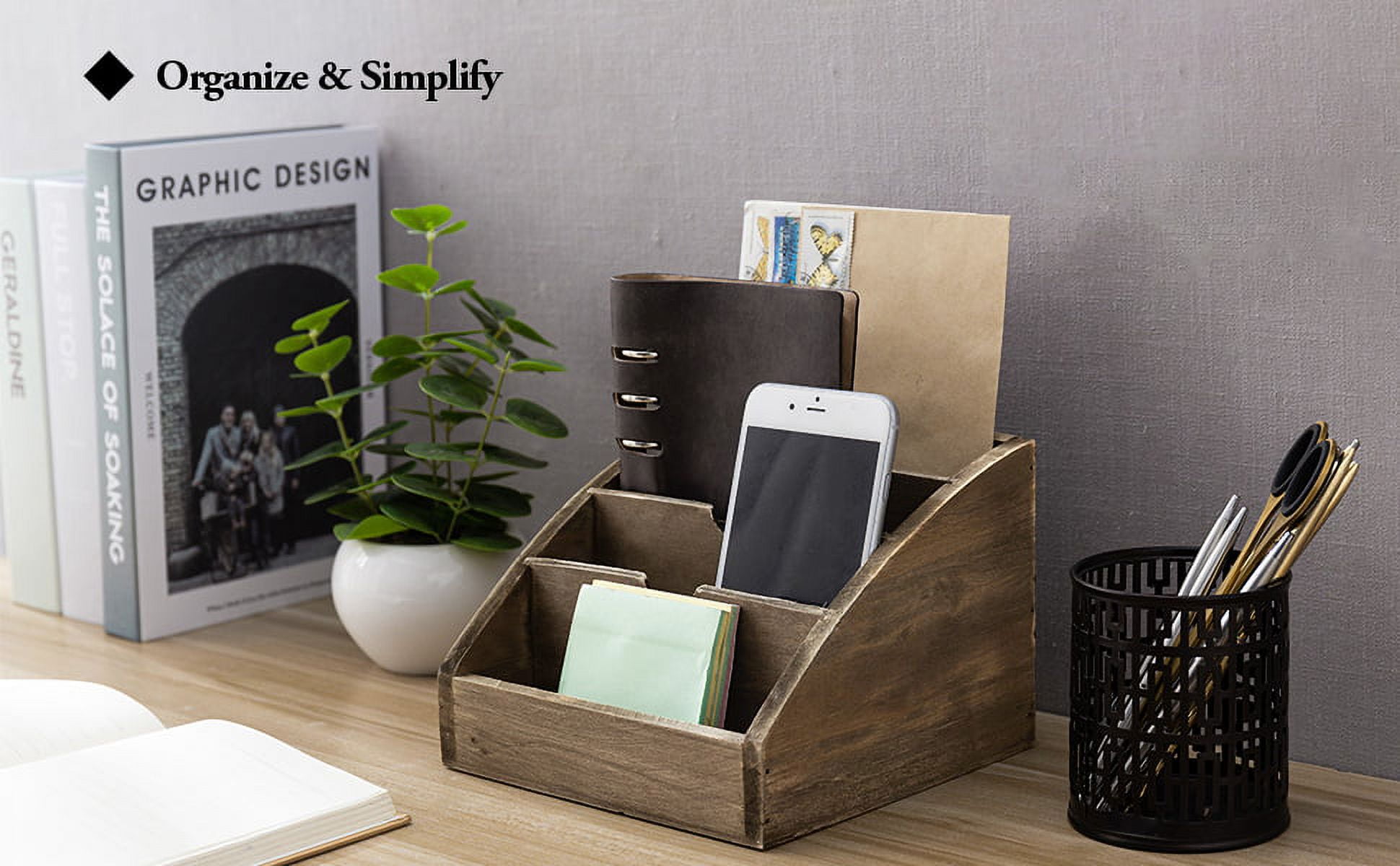 MyGift Dark Brown Wood 4 Compartments Rustic Mail Sorter, Desk Organizer Rack for Home, Office, Classroom, Dorm