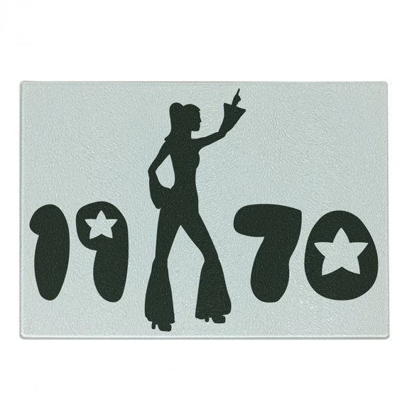 70s Party Cutting Board, Retro Seventies Woman Silhouette with Stars Dancing Fashion Youth Design, Decorative Tempered Glass Cutting and Serving Board, Small Size, Black and White, by Ambesonne