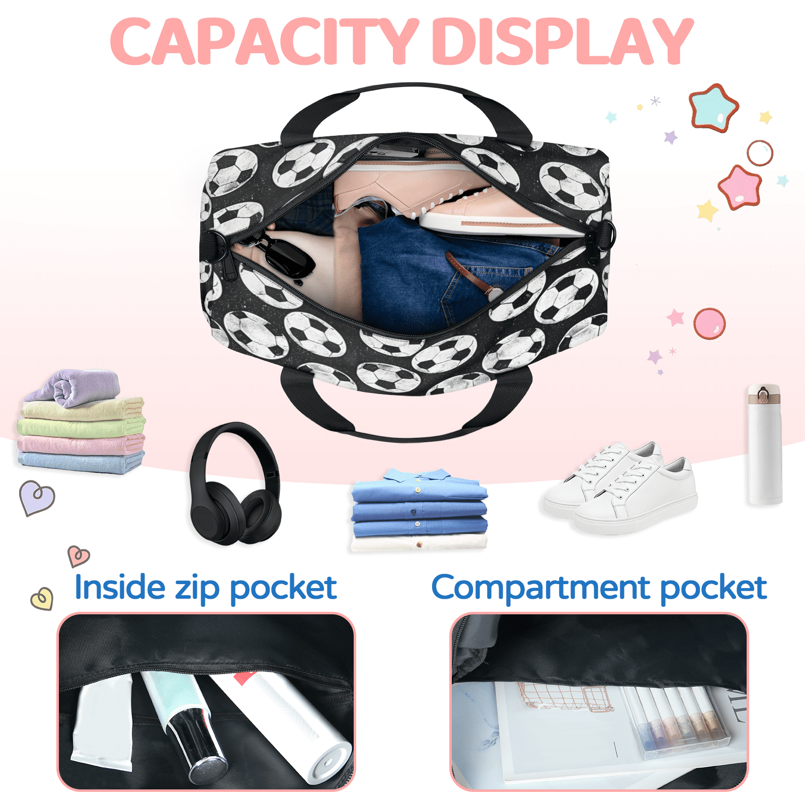 Herdesigns Black And White Soccer Ball Travel Duffle Bag Sports Yoga Weekender Overnight Carry on Workout Bags Lightweight Waterproof Gym Tote Bag for Women