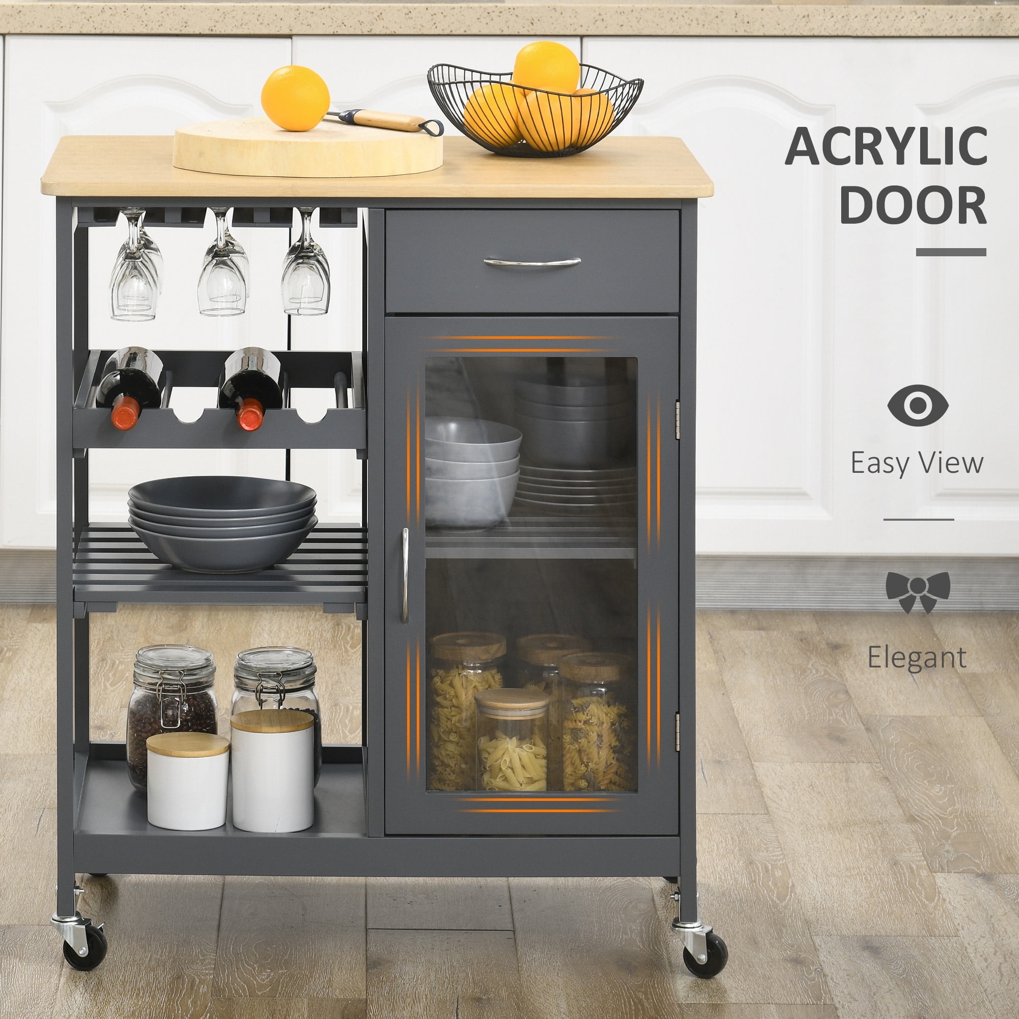 HOMCOM Rolling Kitchen Island with Storage, Kitchen Cart with 4-bottle Wine Rack, Bar Cart with Stemware Holder, Shelves, Drawer and Cabinet, Gray